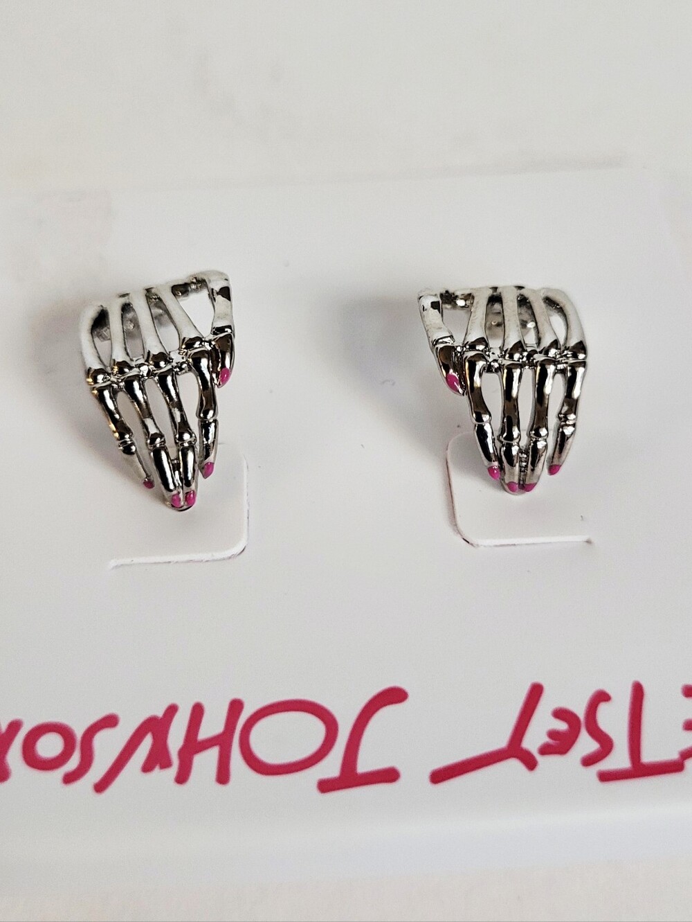 Betsey Johnson Silver Skeleton Hand Huggie Hoop Earrings - Picture 3 of 5